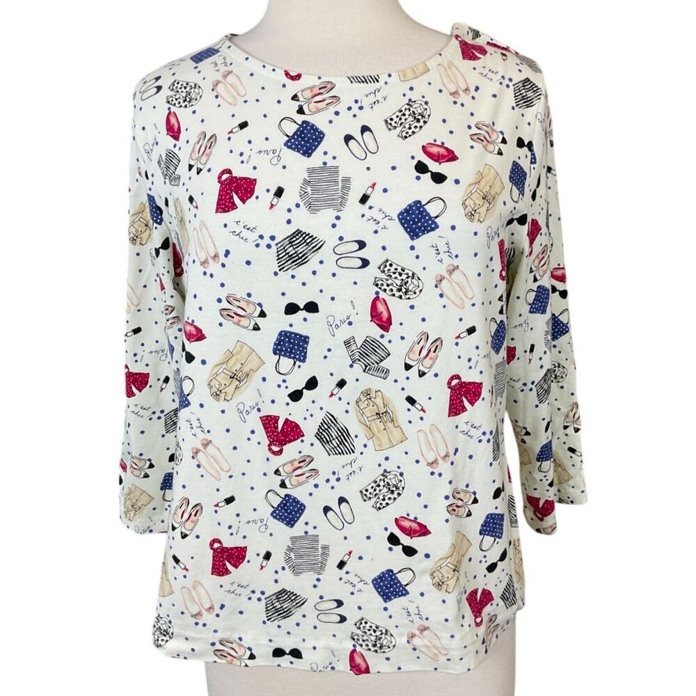Talbots 3/4 Sleeve Knit Tee Tie Keyhole Back Paris Fashion Print XL